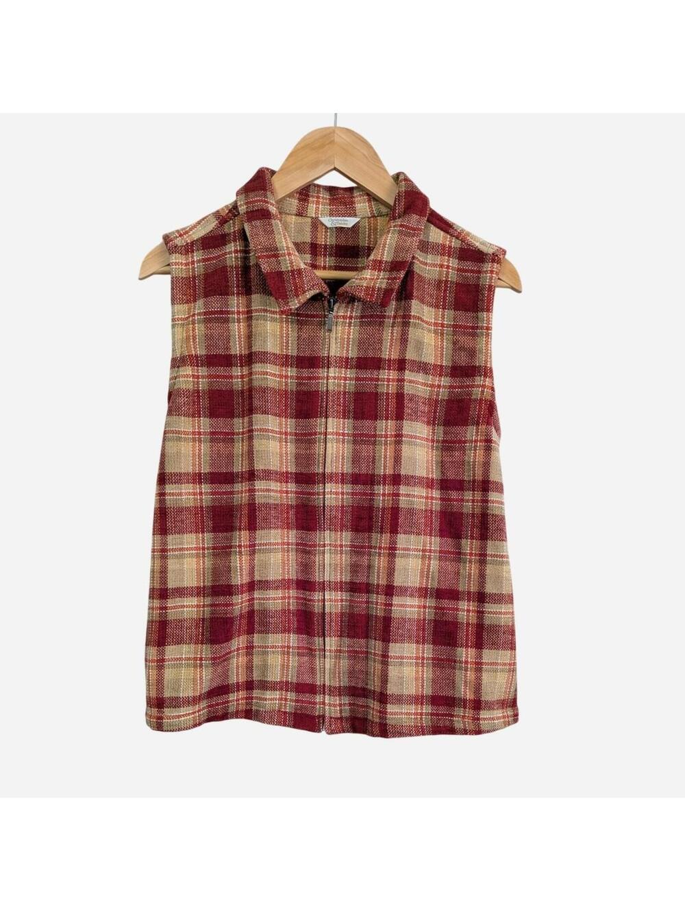 1990s Fall Plaid Zip-Up Vest in Crimson, Rust & Tan M/L